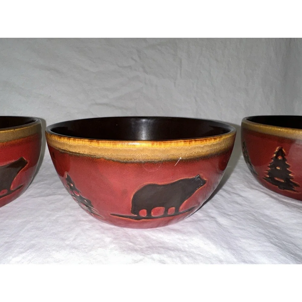 Home Studio Woodland Red Stoneware Soup Bowls Black Bear Pine Tree Rustic Lodge